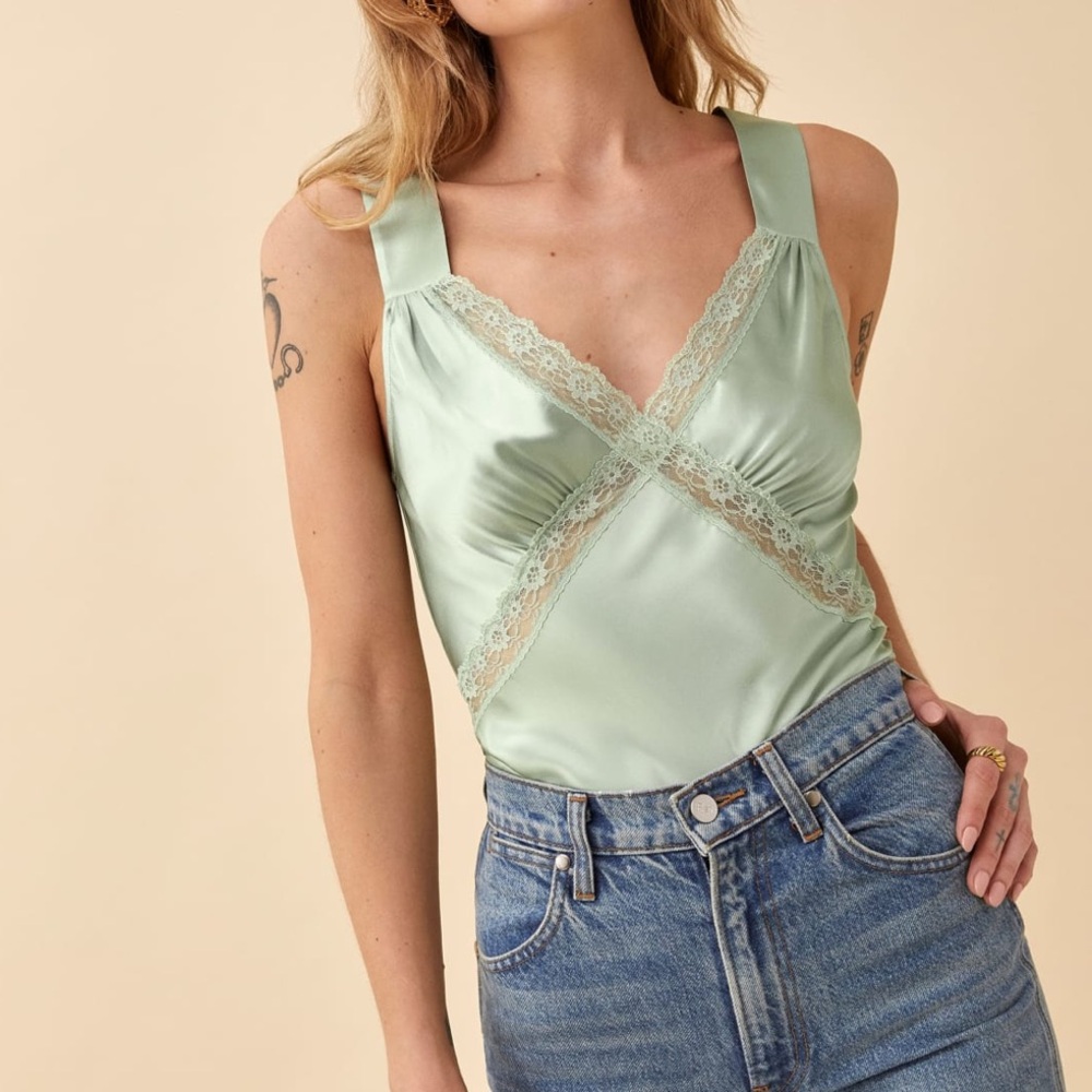 Reformation Vendome Green Silk Lace Tank S